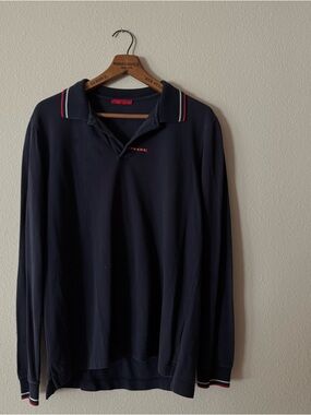 Vintage 2001 Prada Sport Long Sleeve Polo Navy Red Tab Minimal